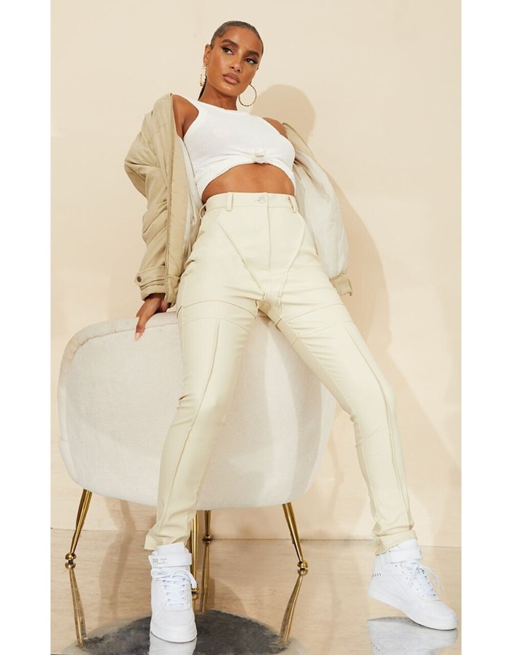 New PrettyLittleThing Cream Faux Leather Contrast Panels Skinny Pants